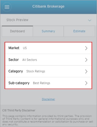 Select 'Stock Preview' to access the dashboard, which allows you to customise your search and compare stock ratings, price performance, fundamental or relative valuation of selected stock against its peers
