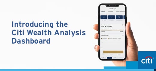 A mobile phone showing the Citi Wealth Analysis Dashboard