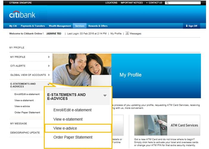 Login to Citibank Online and view your E-Advices