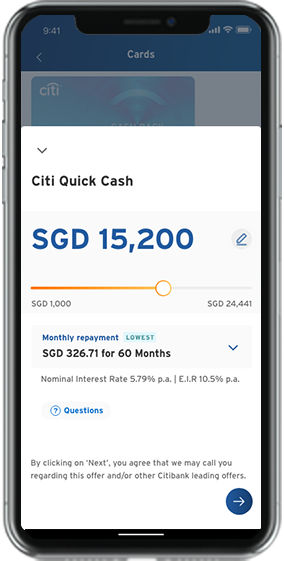 Image showing Citi Quick Cash feature in Citi Mobile® App.