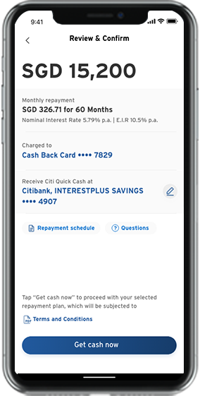 Review and confirm your Citi Quick Cash and tap “Get cash now” 